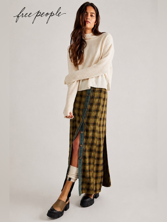 Free People Dresses & Skirts - Free People Plaid Denim Trim Button Front Maxi Skirt XS